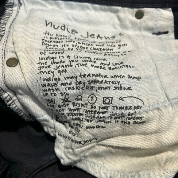 NUDIE Sz 33 x 34 Jeans Thin Finn Dark Shine Slim Dark Wash Wiskering Denim - Picture 9 of 13
